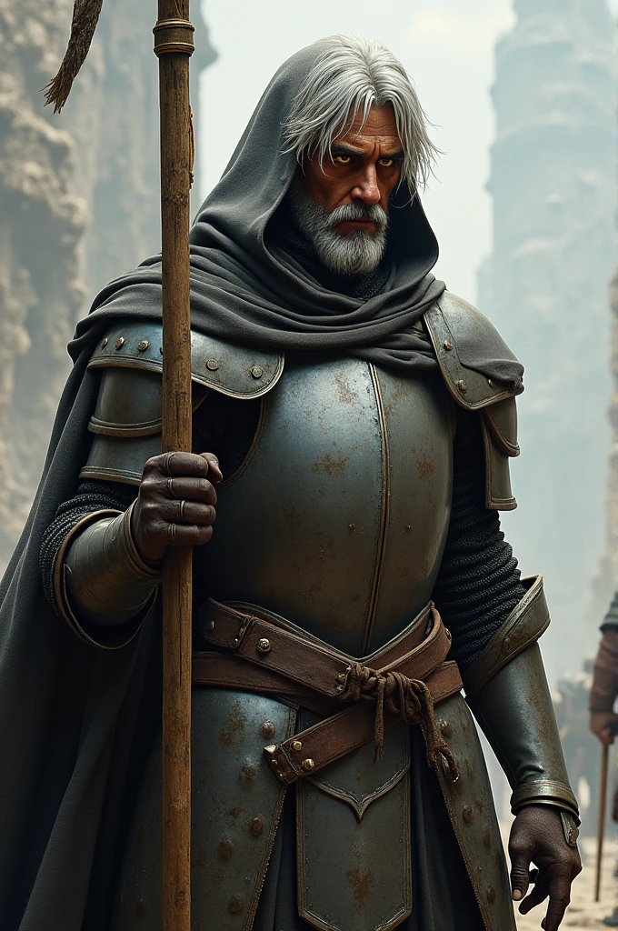 knight in armor, cape and hood, silver hair, yellow eyes and brown skin, that rests on a stick