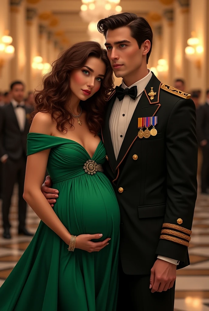 A brunette girl, green eyes and curly hair pregnant in an elegant green party dress at a big event with her husband a man with ocean blue eyes and black hair, He wears an elegant military suit with his medals