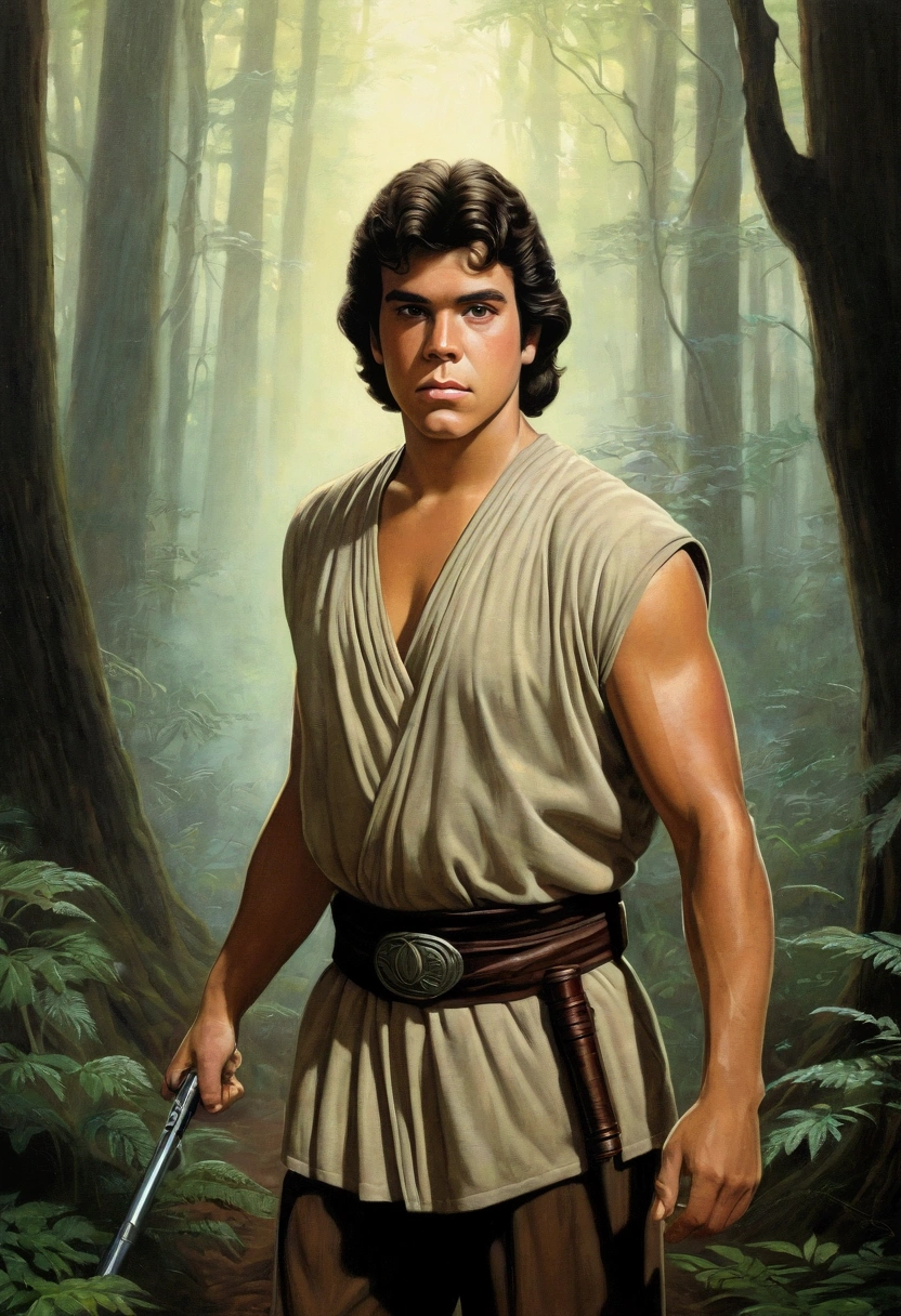 An illustrated movie poster, hand-drawn, full color, a young Jedi, 18-years-old, male, wearing an umbra tunic, portly figure, broad shoulders, muscular, brown eyes, brown-black hair, curly voluminous mane, sun-tanned skin, resembles Lou Ferrigno, hiking through a foggy forest, graphite shading, stencil marks, airbrushed acrylic paint, masterpiece, in the style of Drew Struzan