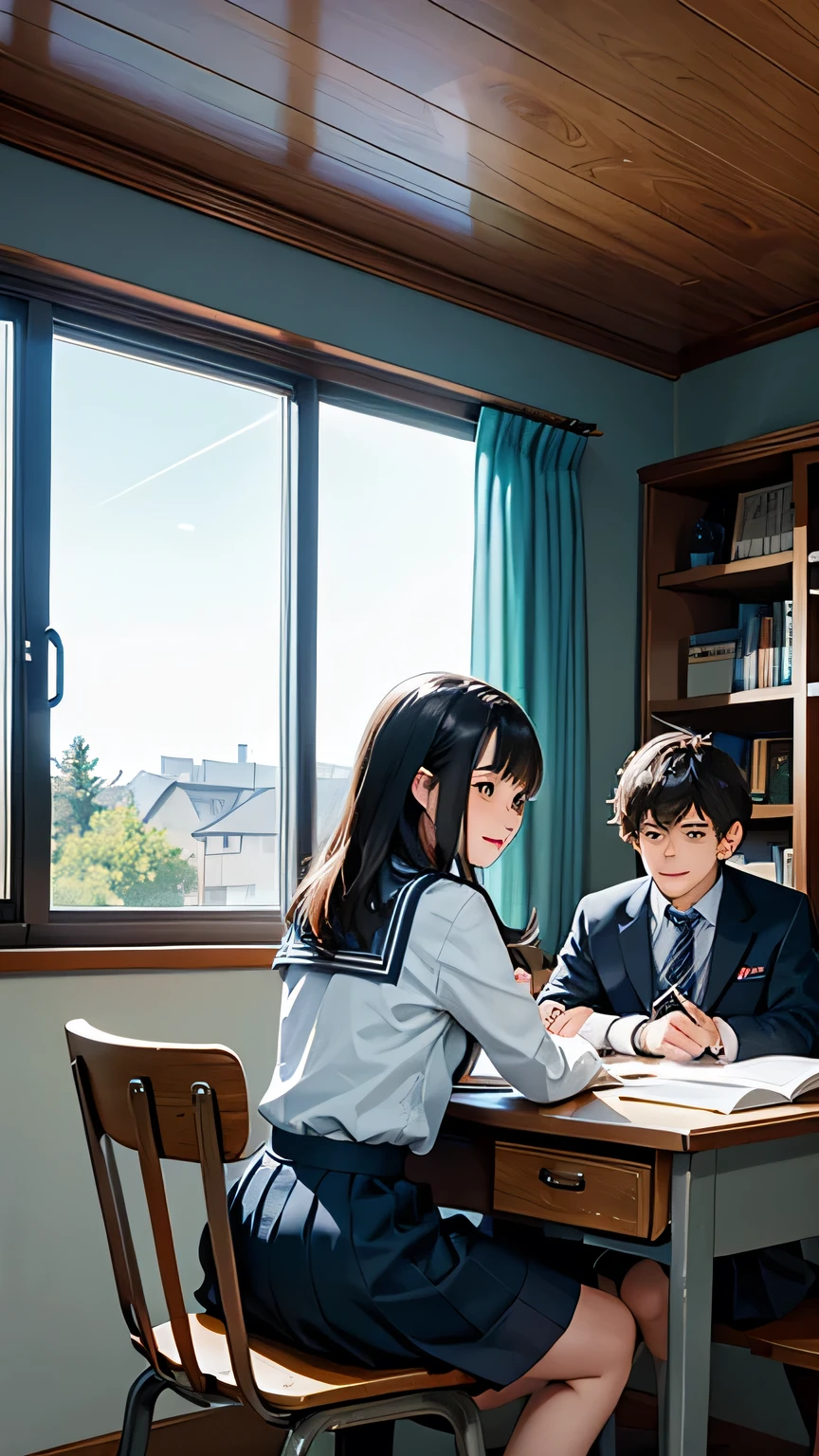 Create an anime-style image set in a bright and cozy library. The scene features two high school students, a boy and a girl, sitting side by side at a wooden desk. The boy is wearing a cutter shirt with a tie and pants, while the girl is dressed in a sailor-style uniform with a skirt. They are sitting side by side, with open books spread out on the desk in front of them, studying together. Both students are holding pens, writing something in their notebooks while looking at the books on the desk. They are smiling and enjoying each other's company. The scene is viewed from the front, showing their faces and the warm, soft light illuminating the space, creating a cheerful and pleasant atmosphere. In the background, large windows reveal a clear summer sky with vibrant blue colors, enhancing the fresh and lively ambiance. The bookshelves filled with books further emphasize the library setting.