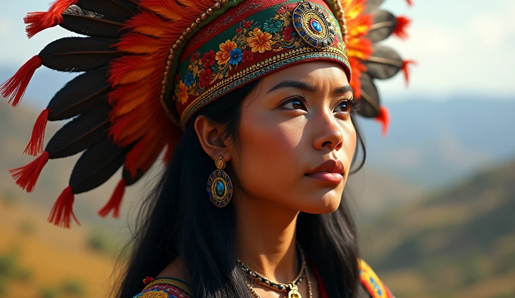 beautiful peruvian indian, wearing a headdress, blackquality hair, eyes browns, She's looking at the horizon, your look is charming, Your face is serious