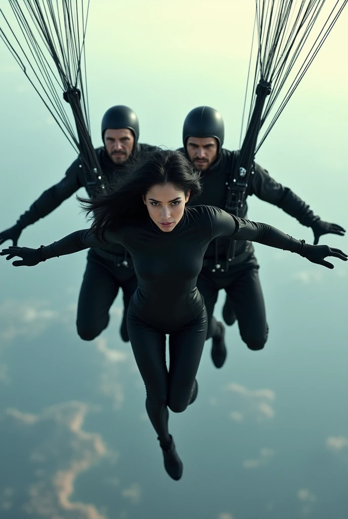 A woman parachuting with three other men. Beautiful black haired woman. All dressed in black