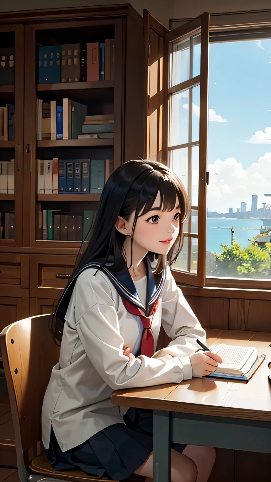Create an anime-style image set in a bright and cozy library. The scene features two high school students, a boy and a girl, sitting side by side at a wooden desk. The boy is wearing a cutter shirt with a tie and pants, while the girl is dressed in a sailor-style uniform with a skirt. They are sitting side by side, with open books spread out on the desk in front of them, studying together. Both students are holding pens, writing something in their notebooks while looking at the books on the desk. They are smiling and enjoying each other's company. The scene is viewed from the front, showing their faces and the warm, soft light illuminating the space, creating a cheerful and pleasant atmosphere. In the background, large windows reveal a clear summer sky with vibrant blue colors, enhancing the fresh and lively ambiance. The bookshelves filled with books further emphasize the library setting.