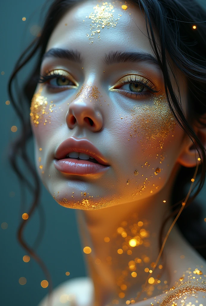 arafed woman with gold and glitter on her face, glowing magical shiny skin, glowing face, 8k artistic portrait photography, brandon woelfel, glowing with colored light, beautiful digital artwork, unreal engine : : rave makeup, beautiful fantasy portrait, fantasy portrait, cgsociety portrait, artem demura beeple, stunning digital illustration, glowing details