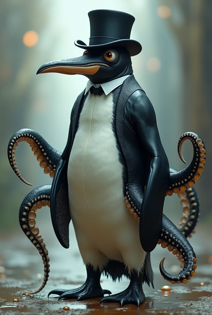 Create a penguin with octopus tentacles wearing a top hat 
