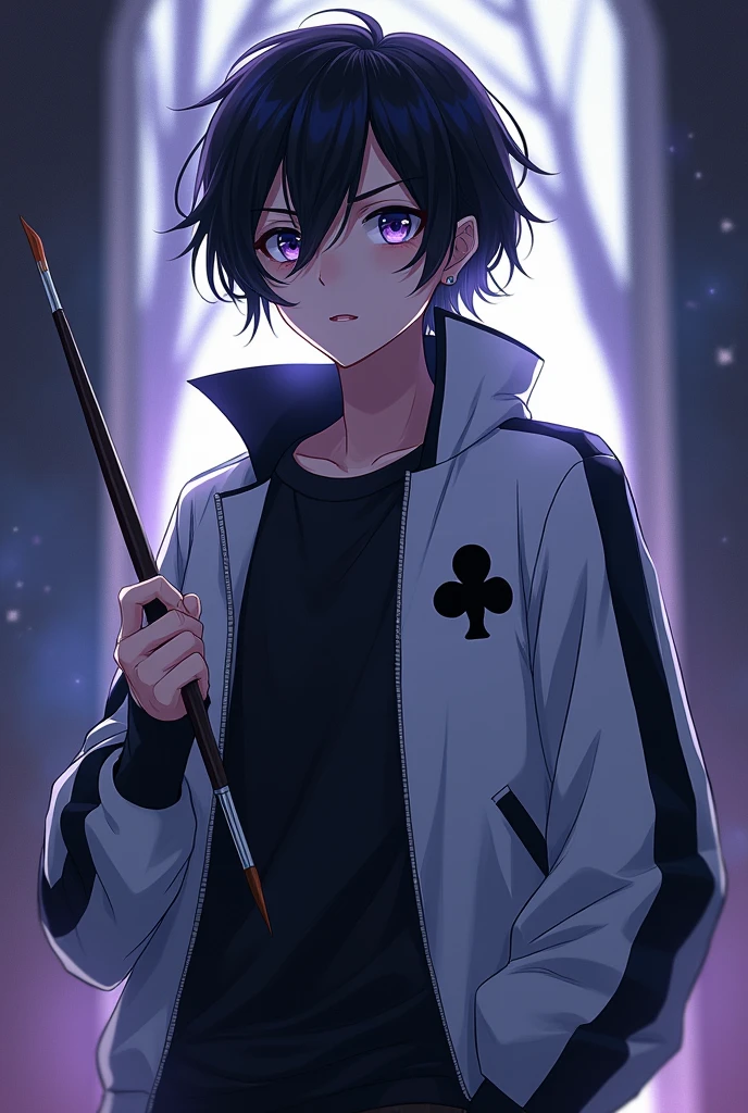 (Anime poster) A  teenager, black hair, purple eyes and glasses. He wore a white and black jacket with a clover logo on the left chest. He has a dark aura and he is holding a brush.