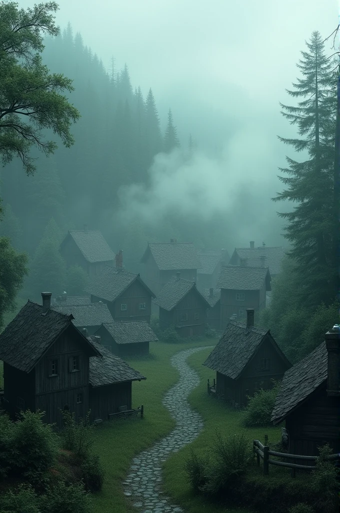 Panoramic view of a small, mist-shrouded village nestled in dense, dark woods. Show quaint but slightly dilapidated houses and fog rolling through.