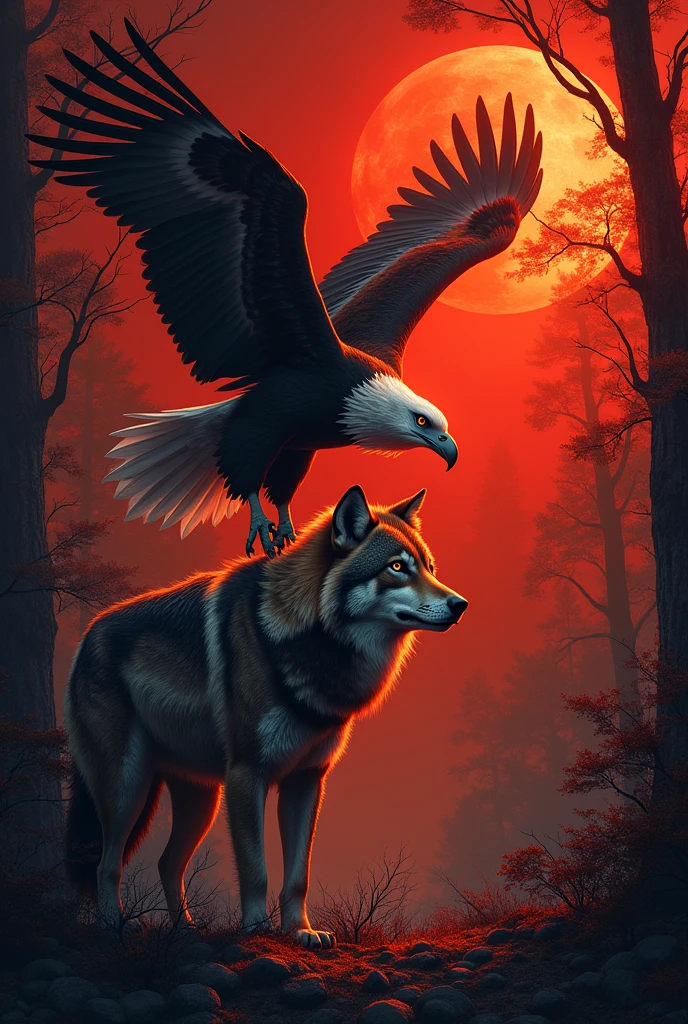 Nature's with some bids and animals, eagle,wholf with dark red background