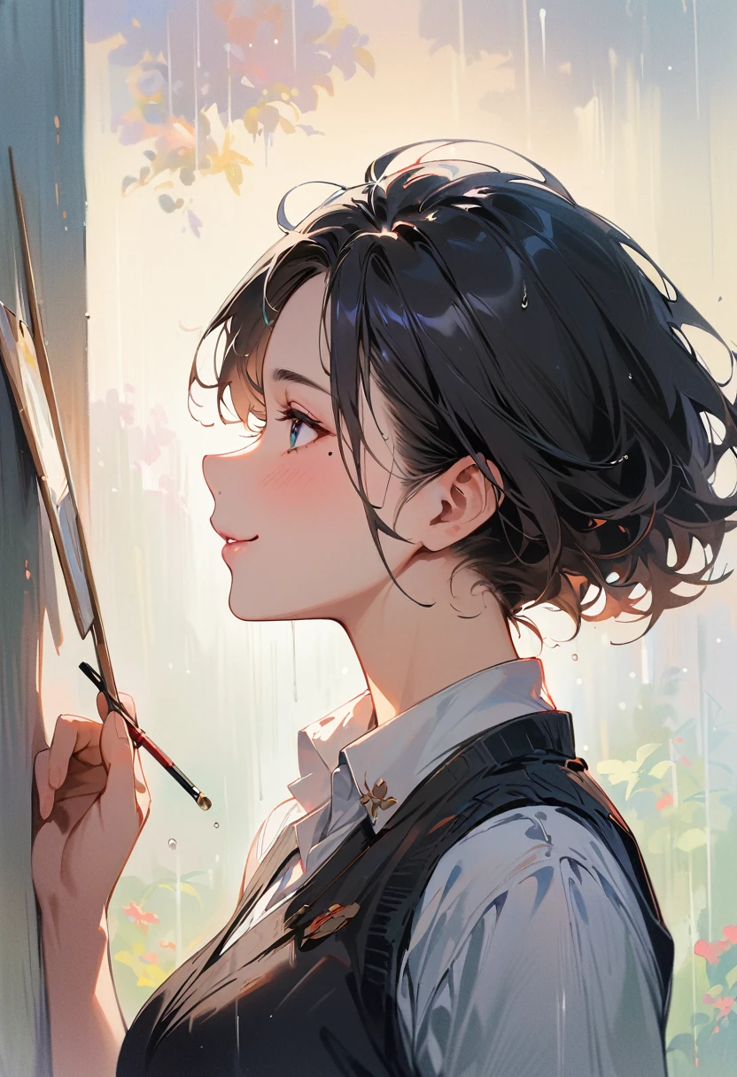 (masterpiece, best quality:1.4), 1 girl, 独奏, Heterochromia, Delicate pupils, Blurred eyes, Close your left eye, Smile, Profile,Tilt your head back 45 degrees, Right tear mole, (Black short hair:1.2),  large breasts, Mini Girls, Backlight, Rainy Day, Vest, Works by top portrait painters, Black and white gradient background.
