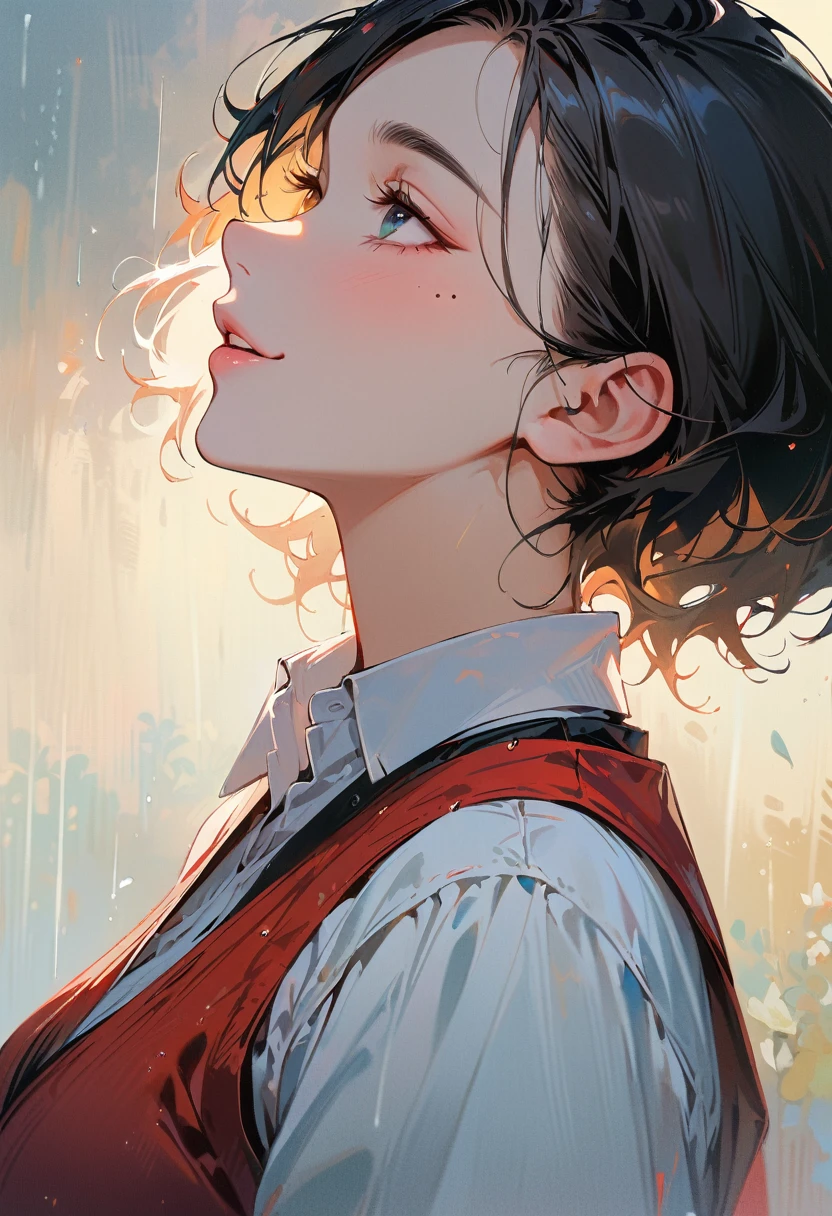 (masterpiece, best quality:1.4), 1 girl, 独奏, Heterochromia, Delicate pupils, Blurred eyes, Close your left eye, Smile, Profile,Tilt your head back 45 degrees, Right tear mole, (Black short hair:1.2),  large breasts, Mini Girls, Backlight, Rainy Day, Vest, Works by top portrait painters, Black and white gradient background.