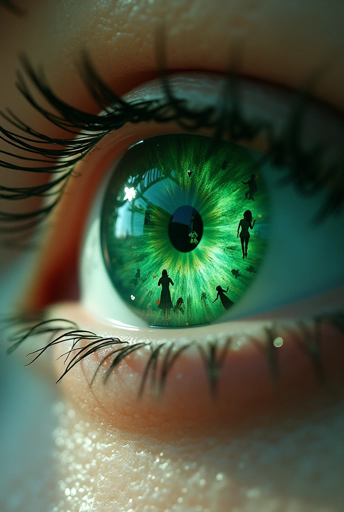 surreal macro shot of a female eye, green iris, in the eye are many exciting female figures visible with geometric shapes, ultra detailed, the eye is the window to the soul'