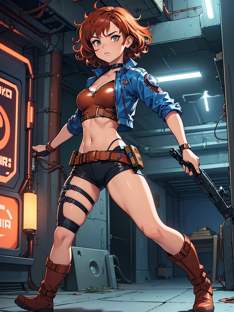 (masterpiece), (best quality), (1girl), (adult), (copper red hair), (curly hair), (short hair), body figure, small breasts, (brown eyes), freckles, (blue cyberpunk outfit), (blue battle outfit),(badass outfit),boots, black choker, legs