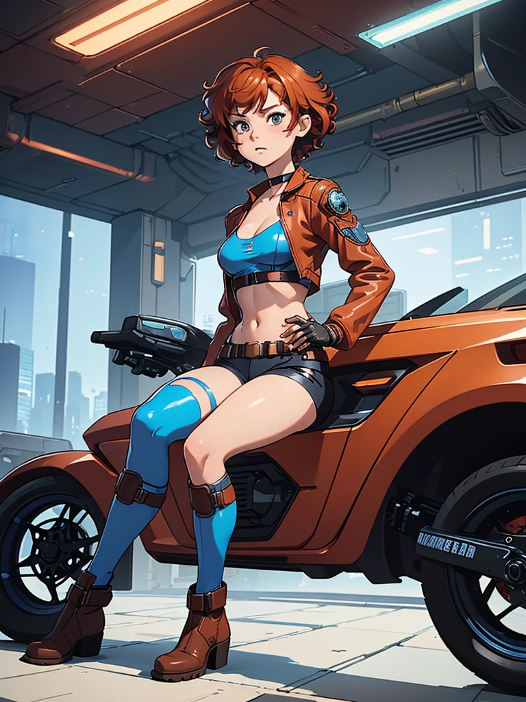 (masterpiece), (best quality), (1girl), (adult), (copper red hair), (curly hair), (short hair), body figure, small breasts, (brown eyes), freckles, (blue cyberpunk outfit), (blue battle outfit),(badass outfit),boots, black choker, legs