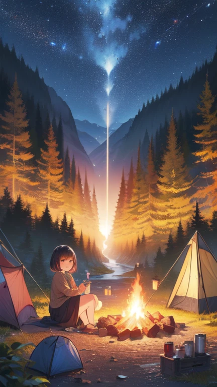 8k,Extremely detailed, masterpiece,High resolution,Highest quality,Increase the resolution,Cinema Lighting,Different space，Ultra Wide Angle，Wide angle of view，One girl，Short Bob，smile，Solo Camping，Pop-up tent，Simple fire pit，Small bonfire，Canned food，Milky Way，Above Jupiter，Different world，Colorful Earth