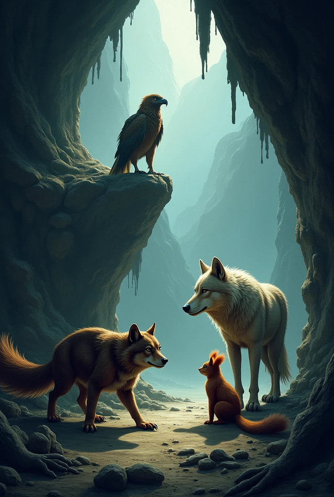 Make an illustration of a squirrel a wolf and an eagle in a cave