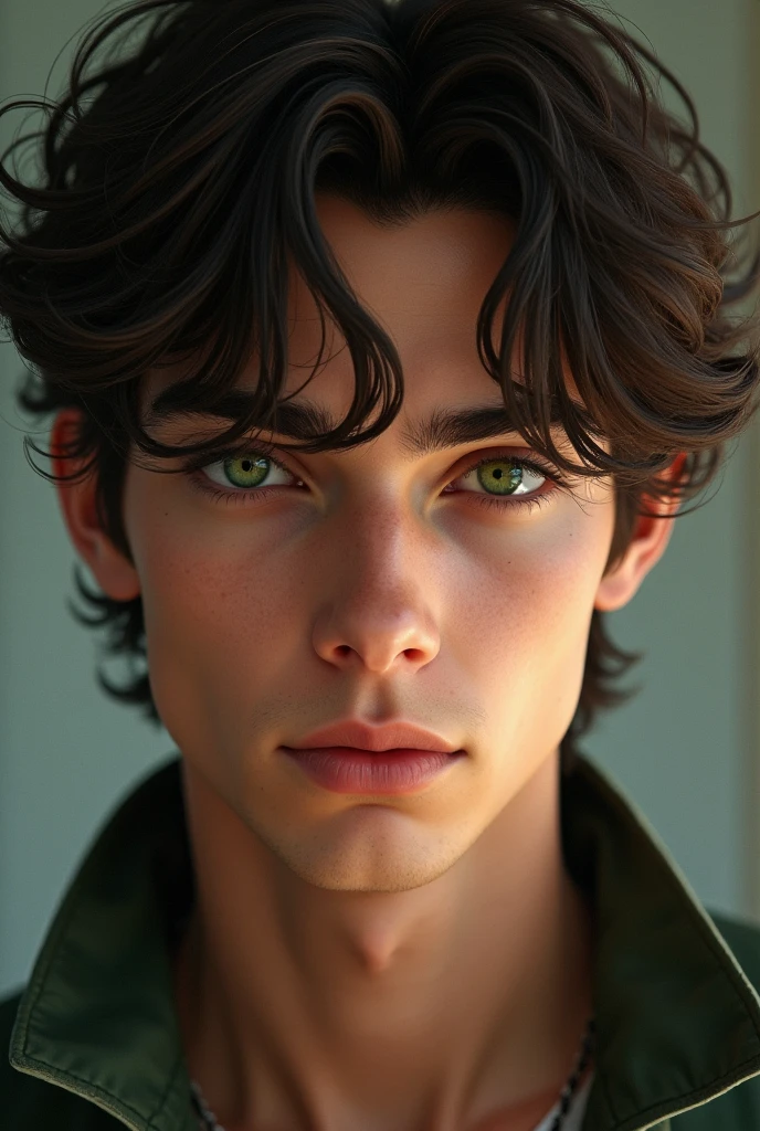 a young man of remarkable beauty, with dark brown hair that is often described as unruly and messy. His eyes are a deep shade of green, and he has a charming and charismatic presence.