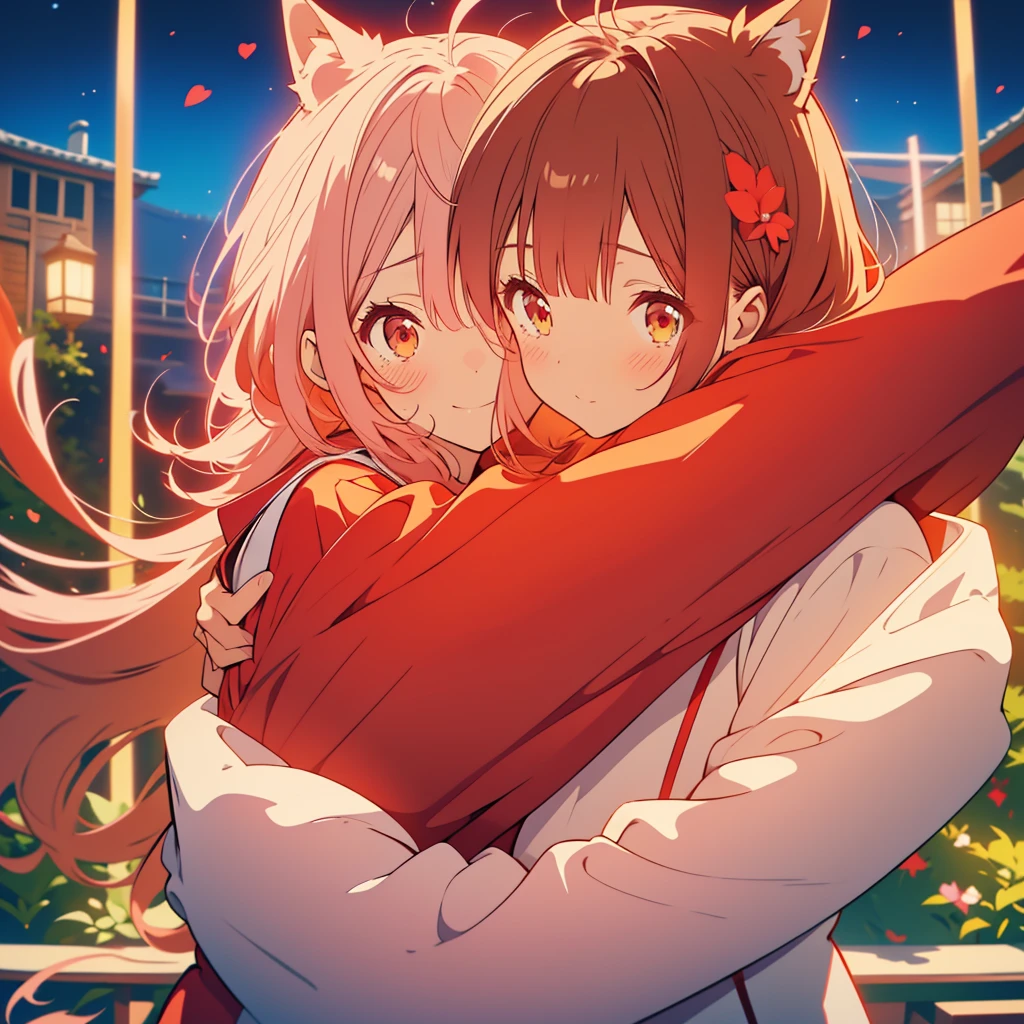 kawaii, anime, Cute, hyper quality, highly detailed, 8k, Clarity, Draw facial expressions in detail, red balsam, Impatiens balsamina, colorful balsam, A young girl with light pink hair and scarlet eyes., A girl with long dark brown hair and green eyes, smile, Dynamic feeling, whole body, hug, tears, Overflowing feelings, drawing two people, hug and kiss, hoodie, height difference,