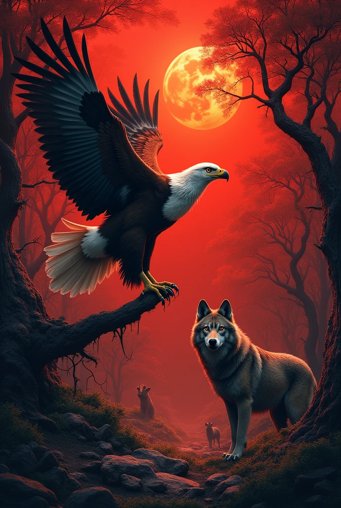 Nature's with some bids and animals, eagle,wholf with dark red background