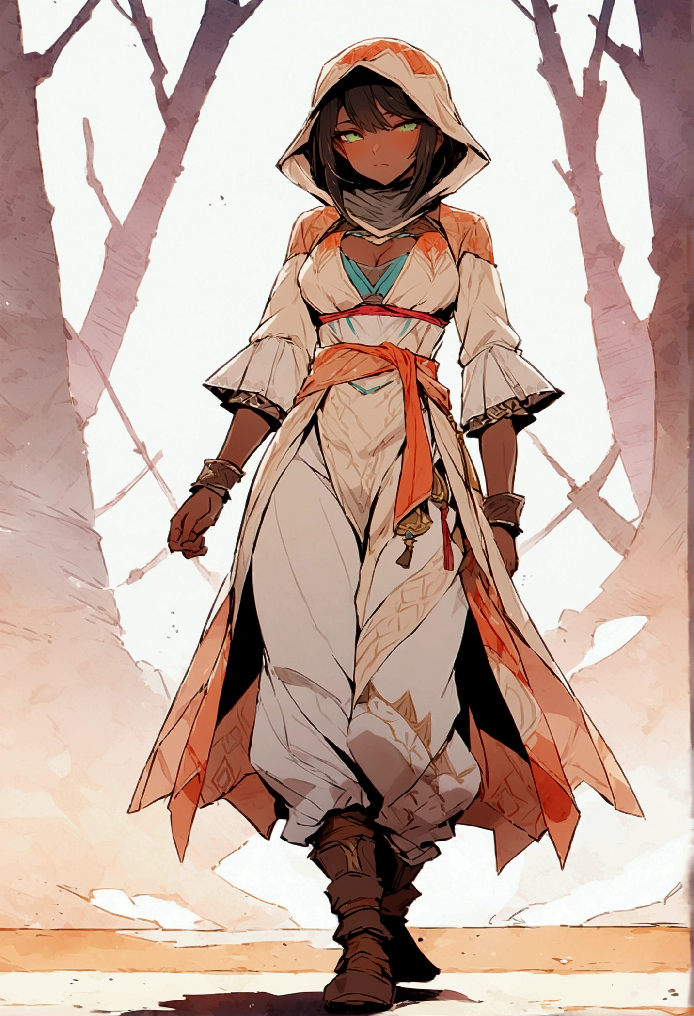 Arabian male with dark tanned skin, green eyes, snake fangs. Dark leather chest piece.