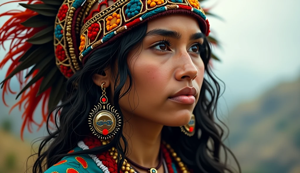 beautiful peruvian indian, wearing a headdress, blackquality hair, eyes browns, She's looking at the horizon, your look is charming, Your face is serious