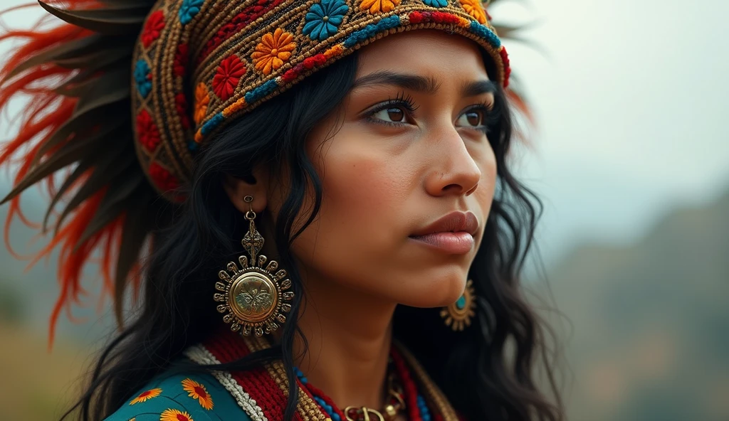 beautiful peruvian indian, wearing a headdress, blackquality hair, eyes browns, She's looking at the horizon, your look is charming, Your face is serious