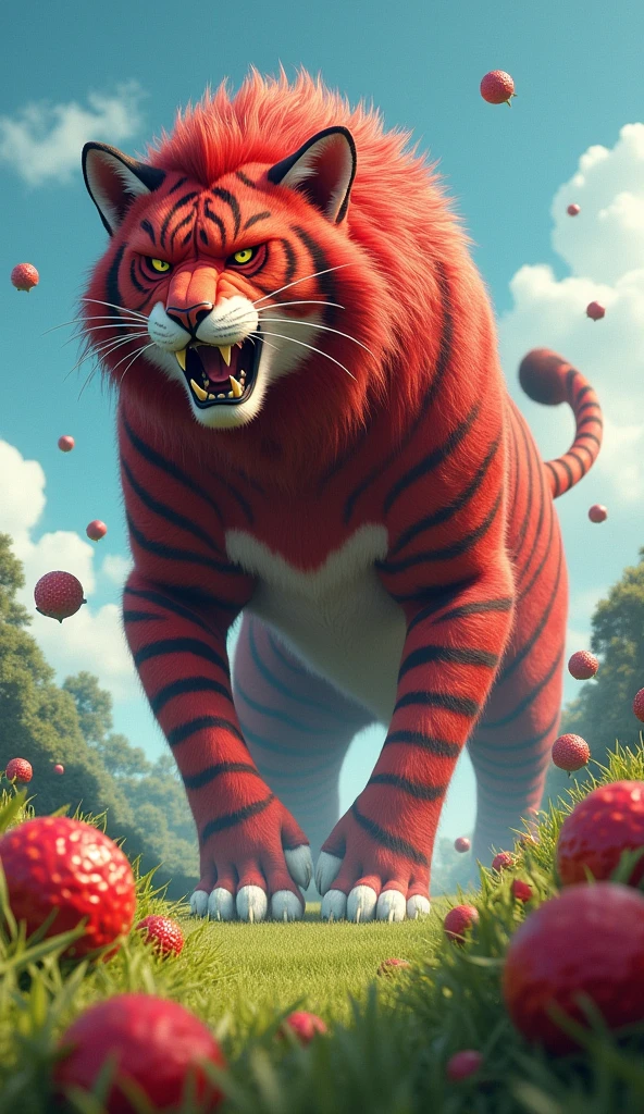 create realistic images A giant red striped cat emerges from a crack in the ground of a field filled with dragon fruits. The cat has an enormous body, with a fierce expression and sharp fangs. Surrounding it, numerous dragon fruits are scattered under a clear blue sky, creating a surreal and whimsical scene.