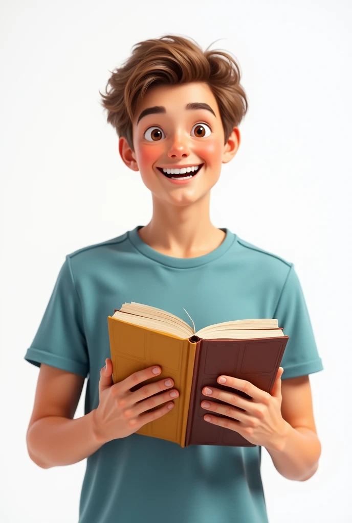 White boy, 18-1, happy with books in hands on white background