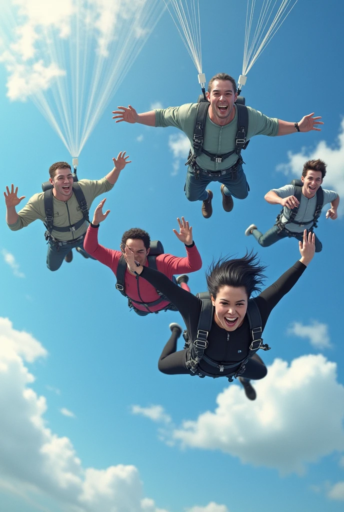 Five people jumping from parachutes. All men and only one black-haired woman