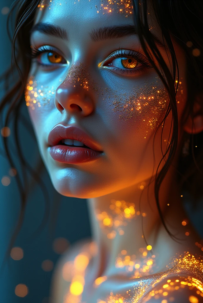 arafed woman with gold and glitter on her face, glowing magical shiny skin, glowing face, 8k artistic portrait photography, brandon woelfel, glowing with colored light, beautiful digital artwork, unreal engine : : rave makeup, beautiful fantasy portrait, fantasy portrait, cgsociety portrait, artem demura beeple, stunning digital illustration, glowing details