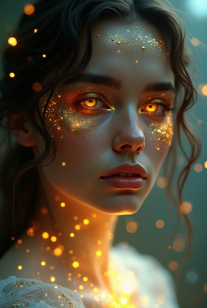 arafed woman with gold and glitter on her face, glowing magical shiny skin, glowing face, 8k artistic portrait photography, brandon woelfel, glowing with colored light, beautiful digital artwork, unreal engine : : rave makeup, beautiful fantasy portrait, fantasy portrait, cgsociety portrait, artem demura beeple, stunning digital illustration, glowing details