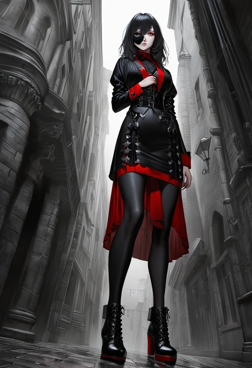 Gothic Punk、The inside color is red、Black-haired、hair ornaments、Beautiful girl、creative、Dark Fantasy Style、Goth Fashion,Tight mini skirt、Fine skin、Realistic textured hair、((Black Mask)),Whole Body Ezbian,19th century London, Complex clothing, lingerie,Angle from the feet, Angle from below, Angle looking up from below,