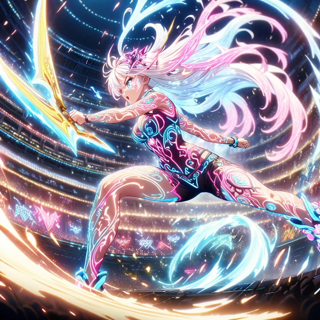 Action scenes,battle,Anime Screenshots、 Artistic anime illustration of a woman adorned with glowing neon magic tattoos all over her body and face。 The tattoos on his arms and legs are a mix of pink, blue and white runes.、It emits a neon light。 She has long, flowing hair.、、 This scene has a dreamy soft focus effect.Sword、 It emphasizes the dreamy glow of the tattoo.、front,Slashing,neon,fighting,sppining