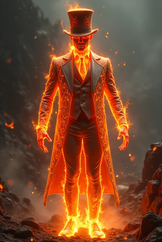 One is a man who is made of lava and wears a costume with a top hat