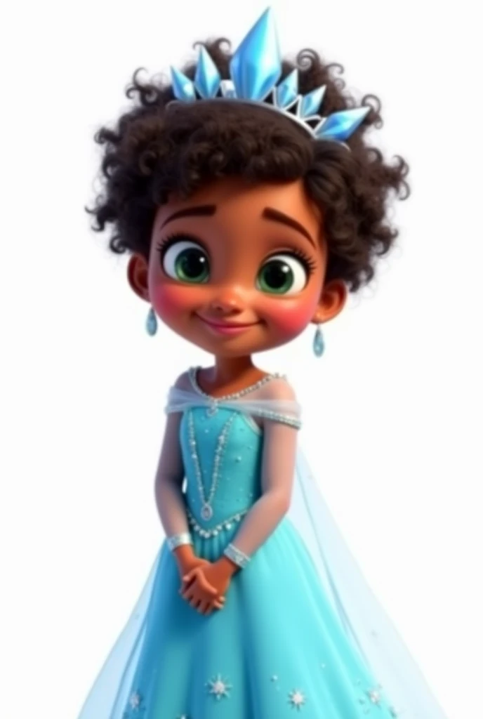 Create a high-quality, high-definition (HD) Pixar 3D-style image with vivid colors and sharp lines. The image should include: A girl with dark brown skin, dark brown hair with lots of curls and very short, and green, happy and expressive eyes. She is wearing a light blue dress with small sparkling stones, inspired by the character Elsa from the movie "Frozen". On her head, she wears an ice crown. The girl is smiling and looking at the camera, she must appear full body with her hands on her waist.
The image must have a white rendered background.