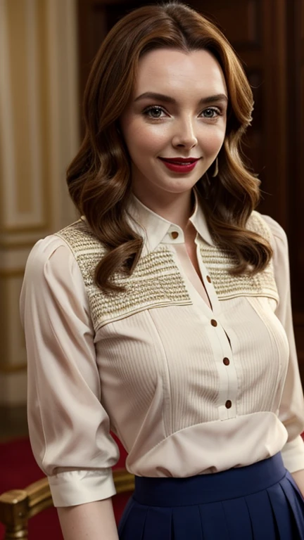 Jodie Comer wearing sexy classic traditional clothes with lipstick and smiling