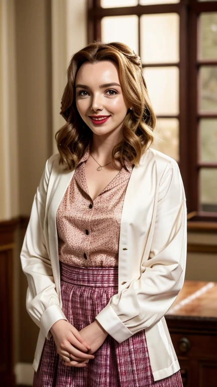 Jodie Comer wearing sexy classic traditional clothes with lipstick and smiling