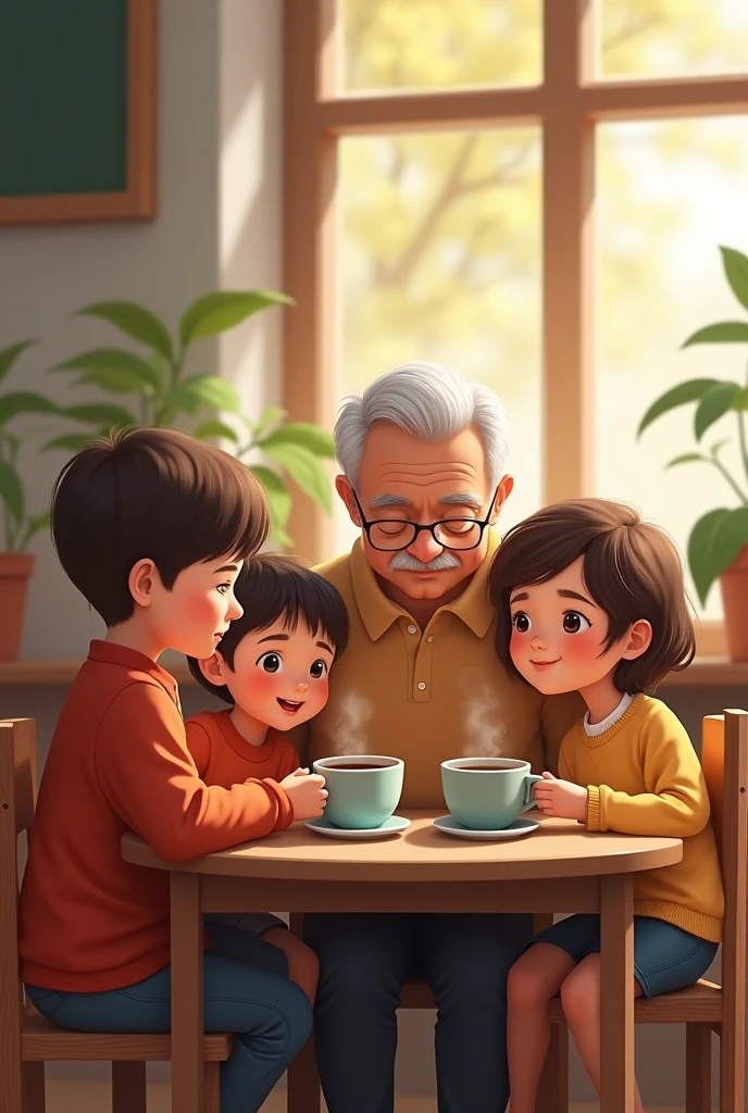 Little children with their female grandmother and male grandfather drinking coffee at school