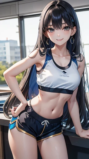 Honor student,Beautiful black hair,long hair,(Straight Hair),high school girl,(boyish),Dark Eyes,(tall),((Slim body)),Muscular,((A confident smile)),Medium Bust,Gold earrings,(((White and blue sports bra and shorts)))