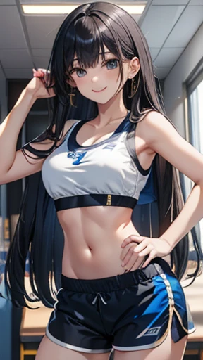 Honor student,Beautiful black hair,long hair,(Straight Hair),high school girl,(boyish),Dark Eyes,(tall),((Slim body)),Muscular,((A confident smile)),Medium Bust,Gold earrings,(((White and blue sports bra and shorts)))