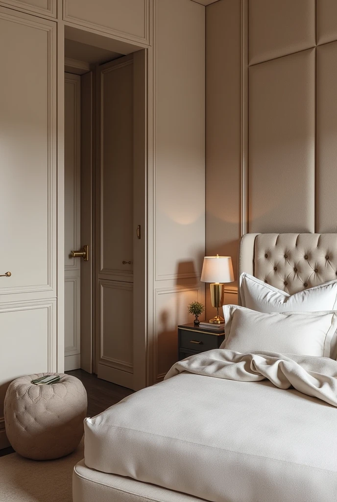 The bedroom is a personal refuge. create a space with an upholstered headboard for a touch of comfort, custom wardrobe with calming colors