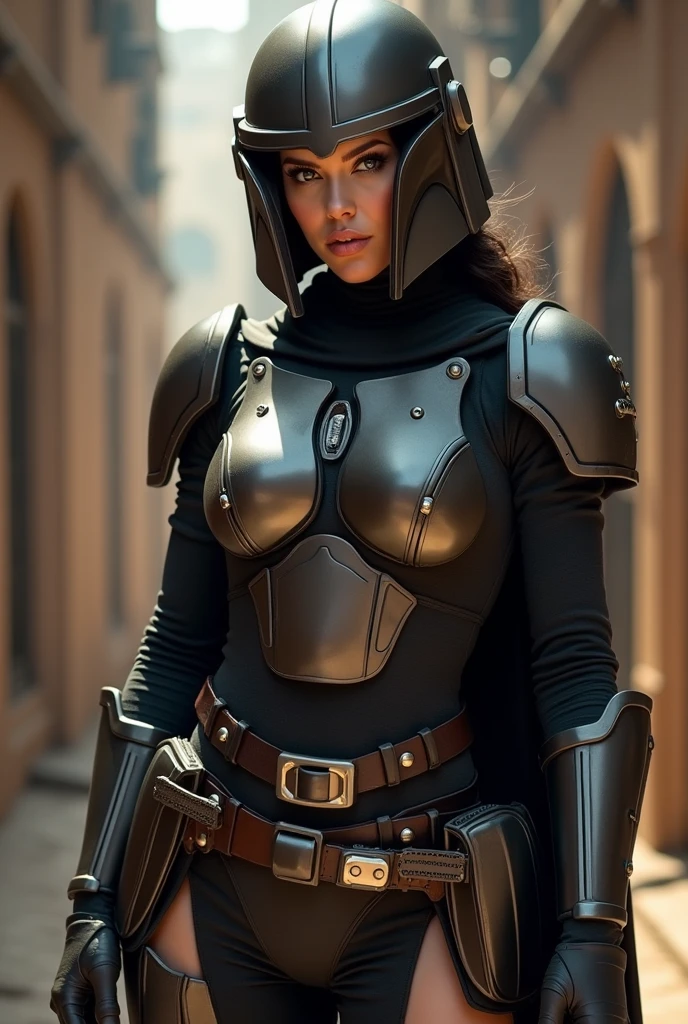 Flat fector of a sexy busty bounty hunter, star wars. she is wearing mandalorian armor. ((((no helmet))))