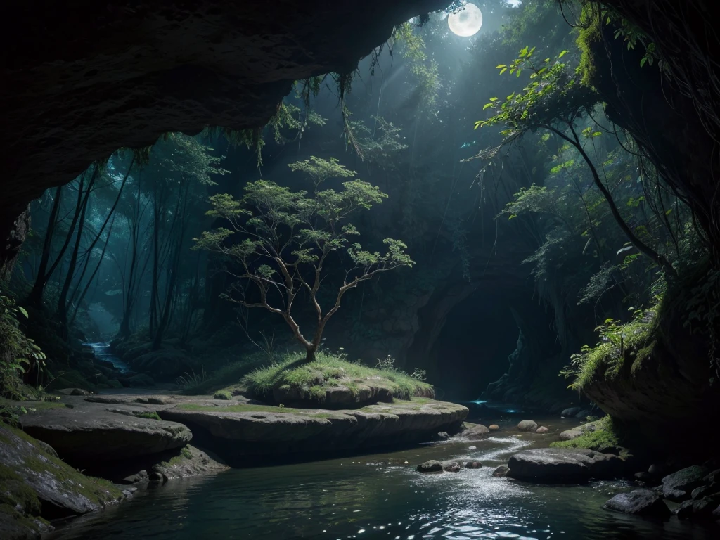 Isolated cave on the edge of a narrow stream, with the entrance partially covered by dense vegetation. The water in the stream reflects the moonlight, creating an enigmatic environment.