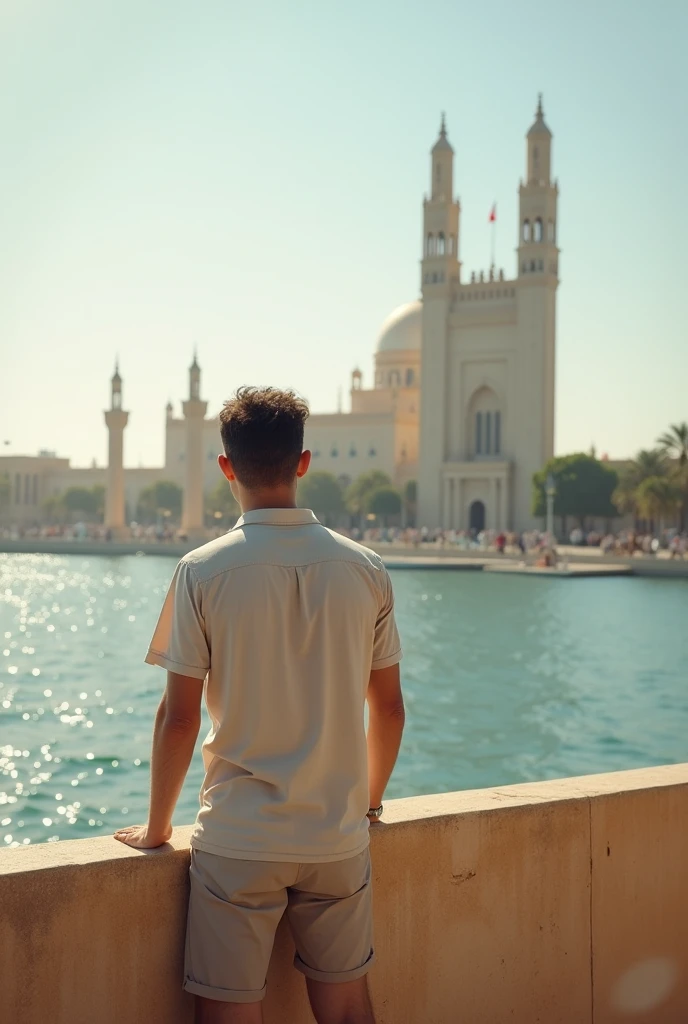 A man wearing a summer shirt and summer shorts looks from a distance at the Hassan II Mosque in Rabat. Very realistic and real.