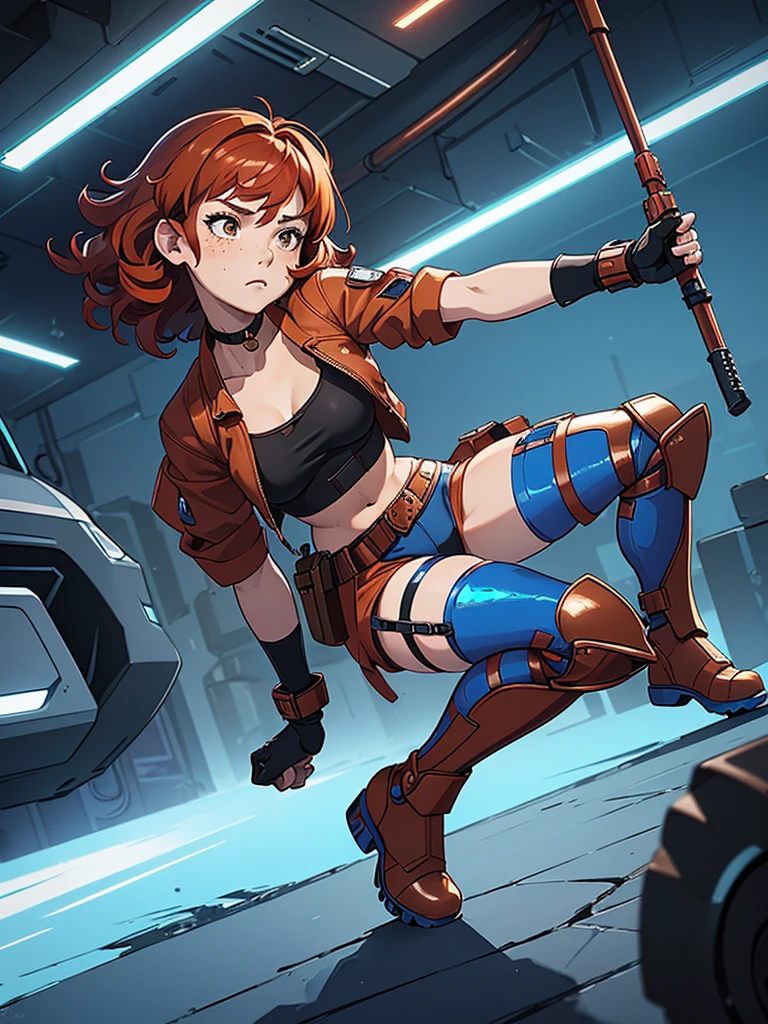(masterpiece), (best quality), (1girl), (adult), (copper red hair), (curly hair), (short hair),  body figure, small breasts, (brown eyes), freckles, (blue cyberpunk outfit), (blue battle outfit),(badass outfit),boots, black choker, legs, (knee guards) 