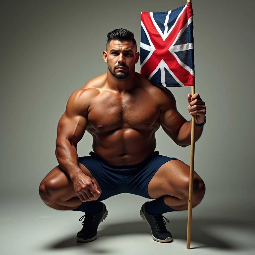 a 1 hot sweaty latin tanned male, wearing soccer uniform, big bulge, holding a lgbt flag with a red X mark in it, squatting down