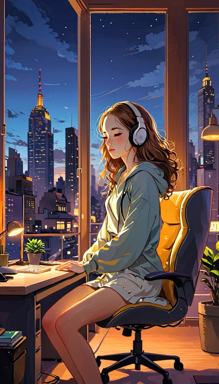A young woman is sitting comfortably in a modern, cozy room with a cityscape visible through a large window at night. The main object of focus is the woman, who appears to be in her late s or early twenties. She has long, wavy brown hair and is wearing a pair of large over-ear headphones. Her eyes are closed, and she has a serene, relaxed expression on her face as she listens to music. The woman is seated in a plush armchair, which is positioned to the right of a wooden desk. On the desk, there is a modern desktop computer, a ceramic coffee mug, and a small potted plant. A desk lamp with a warm, yellow glow is placed on the left side of the desk, casting a soft light over the scene. The light from the lamp is the primary light source, illuminating the woman and creating gentle shadows around her. In the background, the large window offers a stunning view of the city at night, with numerous skyscrapers and their illuminated windows creating a vibrant, urban atmosphere. The room itself is painted in neutral tones, with the walls adorned with minimalistic decor. The overall color scheme of the image features warm tones from the lamp and the cooler tones of the night cityscape, creating a balanced and visually appealing contrast. The perspective of the image is from a slight angle, allowing for a clear view of the woman, the desk, and the background cityscape. The size of the image is rectangular, with a wide aspect ratio that captures the breadth of the scene. The theme of the image is calm and relaxation, with an emphasis on the soothing environment and the woman's peaceful state.