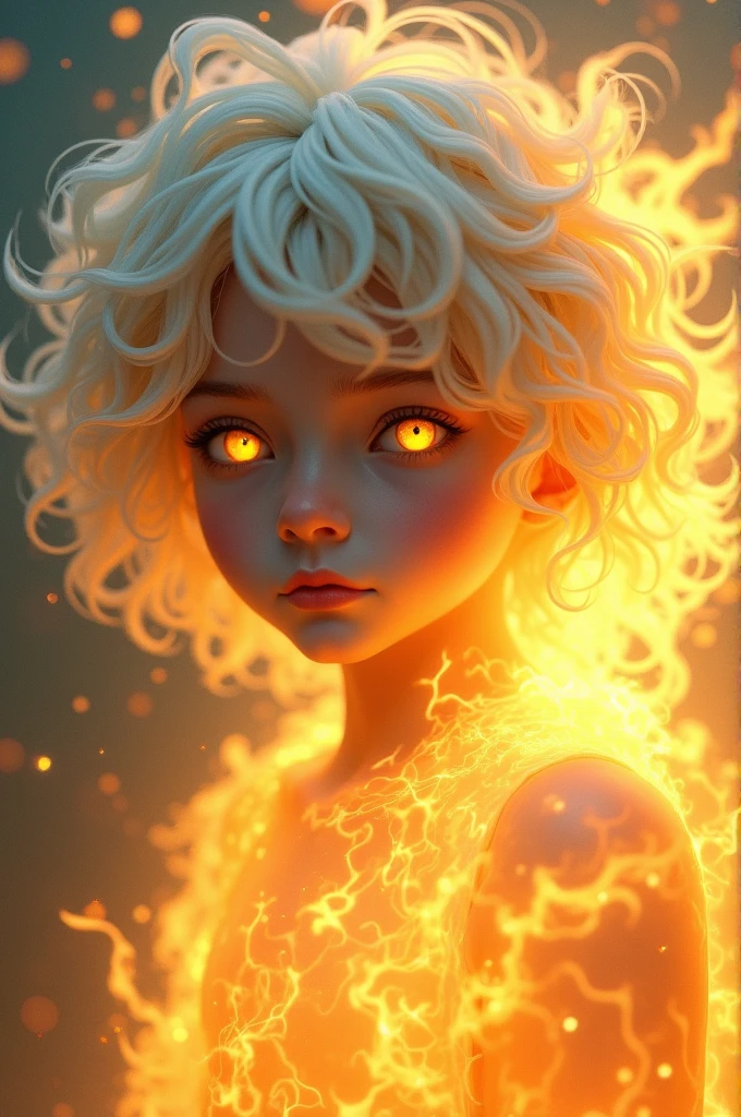 Light blue wavy wolf perm、Beautiful Boy、Golden Eyes、His whole body is covered in blue flames、