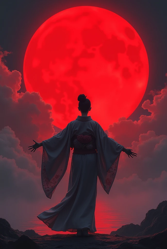 “A silhouetted figure in a traditional kimono stands gracefully facing a massive, glowing red moon. The figure is turned toward the moon, arms outstretched, gazing up with their back toward the viewer. Flowing clouds surround the scene, while the edges of the kimono are softly illuminated. The atmosphere is mystical, blending Japanese aesthetics with a serene yet powerful visual, creating an ethereal and captivating scene.”