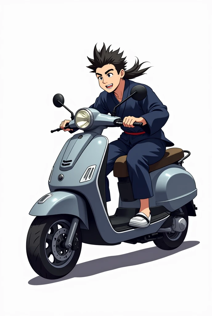 A 22 years boy with mullet haircut riding a grey sporty and bulky ntorq scooter in Tibetan culture dress in navy blue color and while background anime