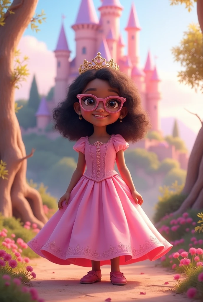 Little princess, full body image, , pink dress with flared skirt to the floor, wears glasses and a crown, eyes browns, brown skin, smiling, shoulder length hair, curly and dark brown, in the background landscape pink castle